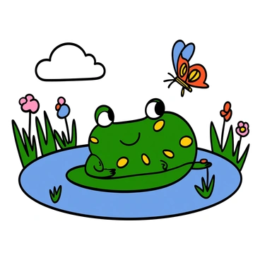 A green frog with bright yellow spots sitting on a lily pad in a clear pond. The frog has big eyes and is looking curiously at a colorful butterfly with blue and orange wings hovering nearby. The background shows a sunny day with a blue sky and fluffy white clouds. The edges of the pond are lined with green reeds and colorful flowers, enhancing the vibrant atmosphere of this friendly encounter.