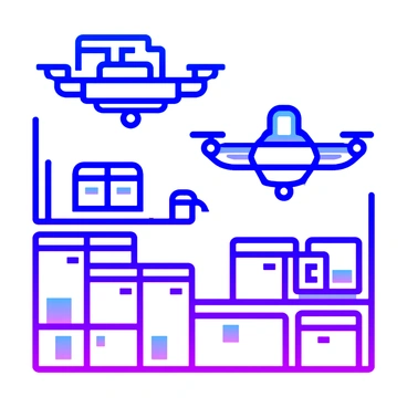 Drones transporting boxes while flying in a large warehouse filled with shelves stacked with various packages.