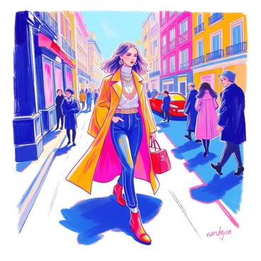A fashionable royal figure walks confidently down a busy city street. The person is dressed in a contemporary outfit that combines luxury and modern trends, featuring a tailored coat with intricate embroidery and a flowing cape. They wear stylish boots and carry a designer handbag. The scene is vibrant with people and cars in the background, and tall buildings lining the street. The royal figure's expression is one of poise and self-assurance as they stride forward, catching the attention of passersby. The sunlight casts interesting shadows, adding depth to the urban landscape.