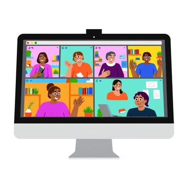 A computer screen displays a virtual meeting interface with several participants visible in individual video call boxes. Each participant has a clear view of their face, showcasing diverse expressions. The background of each box features a variety of home office settings, such as bookshelves, indoor plants, and personal decorations. The screen is framed by a sleek black computer monitor. The whole scene is bright and colorful, capturing the lively atmosphere of a remote meeting.