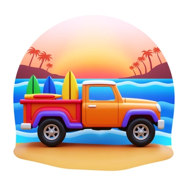 A surf truck parked by the ocean, with colorful surfboards secured on top. The truck has a rugged design, featuring a glossy finish in vibrant colors. The ocean waves gently lap at the shore nearby. The sunset casts warm orange and pink hues across the sky, creating a stunning backdrop. Silhouettes of distant palm trees frame the scene, enhancing the beach atmosphere. The sandy beach stretches out in front of the truck, completing the coastal vibe.