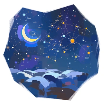 A starry night sky chart featuring a deep blue background filled with countless bright stars. Various constellations are clearly outlined and labeled, with lines connecting the stars to form recognizable shapes. Each constellation holds distinct symbols representing different data points, with some highlighted in vibrant colors for emphasis. The chart includes a legend at the bottom, detailing the significance of each constellation in relation to the data points. A crescent moon is positioned in the upper corner of the chart, illuminating the scene gently.