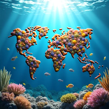 A vibrant underwater scene filled with a variety of colorful corals forming the shape of a world map. The corals display a mix of hues, including bright pinks, yellows, and blues. Various tropical fish swim around the corals, showcasing a range of colors and patterns. Some fish have bright orange stripes, while others are adorned with intricate blue spots. Sunlight filters down from the surface of the water, creating shimmering patterns on the sea floor. Seaweed sways gently in the currents, adding to the dynamic atmosphere of the underwater world.