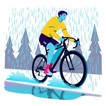 A determined cyclist with short, dark hair wearing a bright yellow rain jacket is riding a sleek black road bike. The cyclist is leaning forward, intensely focused on the race ahead. Heavy rain is pouring down, creating a dense curtain of droplets around them. Water is splashing up from the bike's tires, forming a misty spray that adds to the dynamic motion of the scene. The background features blurred outlines of dark trees and a grey sky, emphasizing the challenging weather conditions. Puddles are forming on the road, capturing reflections of the cyclist as they speed by.