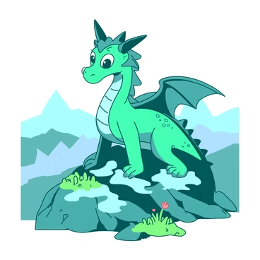 A detailed drawing of a friendly dragon perched on a mountain