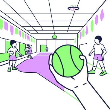 A first-person perspective of a hand gripping a dodgeball, ready to be thrown. In the foreground, the ball is clearly visible, textured and round. In the distance, an opponent stands with a focused expression, poised to react. The background features a gymnasium environment, with a wooden floor, colorful banners hanging from the walls, and other players scattered around the court. Light streams in from overhead lights, illuminating the scene.