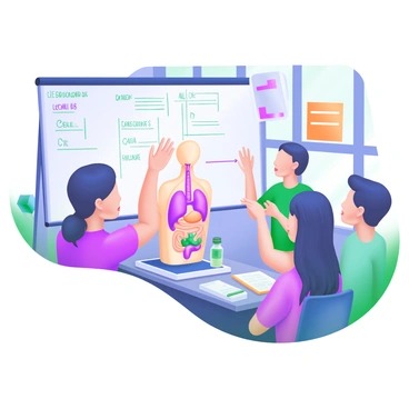 A classroom scene featuring a group of students attentively observing an anatomy model displayed on a table. The model is detailed, showcasing various human organs in vibrant colors. In the background, a whiteboard is filled with diagrams and notes related to legal cases, with bullet points and case names written in clear, readable text. The students are engaged, some taking notes while others are raising their hands to ask questions. The room is well-lit, with large windows providing natural light and colorful educational posters adorning the walls.