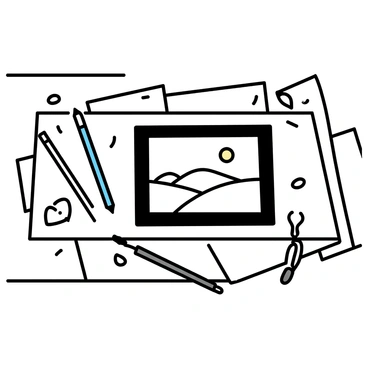 An artist's desk covered in sketches, with a central photo frame holding a drawing of a landscape