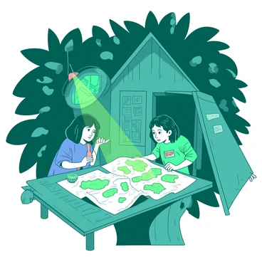 A teal treehouse is nestled among thick green leaves, providing a cozy refuge for a group of friends. Inside, there are several open maps spread out on a wooden table, with intricate details and markings highlighted. The friends, displaying expressions of determination, are gathered around the table, each holding a flashlight, illuminating the maps with beams of light. The walls of the treehouse are adorned with various drawings and notes related to their rescue mission. Various supplies, such as ropes and a compass, are scattered around the table, enhancing the scene of careful planning and teamwork. The atmosphere conveys an adventurous spirit, with the sunlight filtering through the leafy canopy above.