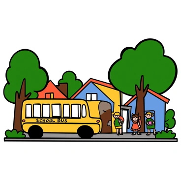 A classic yellow school bus driving down a tree-lined street in a residential neighborhood. The bus has large windows and flashing lights, with the words "SCHOOL BUS" written on the front. Houses with colorful exteriors and green lawns line the street, and a few children can be seen waiting at a bus stop, holding backpacks and chatting excitedly. Brightly colored flowers are blooming along the sidewalks, adding to the cheerful atmosphere of the scene.