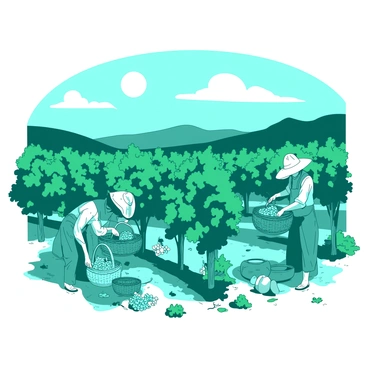 A teal vineyard with rows of lush grapevines heavy with ripe grapes. Several workers in straw hats are carefully picking clusters of grapes and placing them into large woven baskets. The sky above is clear and bright, showcasing a vibrant sun shining down on the scene. In the background, rolling hills are visible, adding depth to the landscape. The earthy ground is covered with fallen leaves and scattered grapes, adding to the harvest ambiance.
