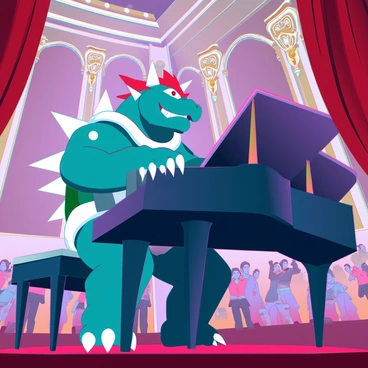 A large, imposing Bowser with green skin and spiky shell is seated at a grand piano in an elegant concert hall. The piano is shiny black with ornate gold accents. Bowser's claws delicately touch the keys as he plays a powerful melody. The concert hall features high ceilings with intricate chandeliers hanging down, casting warm light over the audience. The walls are adorned with red velvet drapes and golden moldings, creating an atmosphere of opulence. The audience, consisting of various characters, watches in awe as Bowser passionately performs.