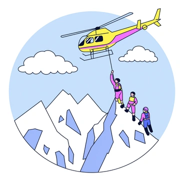 A helicopter hovering above a steep, icy alpine ridge. The helicopter is painted in bright yellow with a red stripe along the side. Below, a group of climbers is secured with harnesses, clinging to the rocky surface. One climber is reaching up towards the helicopter, while another is preparing to be lifted. The ridge is covered in snow, with sharp, jagged rocks peeking through. The sky above is clear, with a few fluffy white clouds, and the sun casts a strong light on the scene.