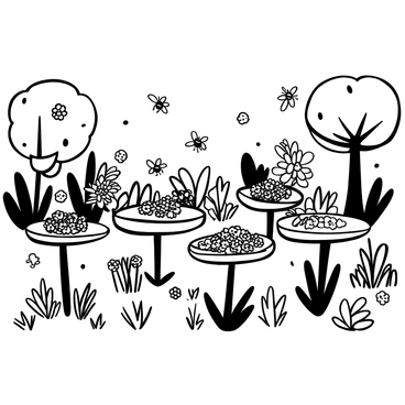 A black-and-white illustration of a garden party scene. Multiple small tables are set up, each adorned with intricate flower arrangements. Several bees are depicted buzzing amongst the tables, hovering around the flowers. The garden is filled with a variety of plants and blossoms, creating a vibrant atmosphere. In the background, trees provide shade, and gentle grass covers the ground, completing the outdoor setting.