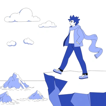 An adventurous person is standing on the edge of a cliff, their hair blowing wildly in the strong winds. The individual is wearing a fitted jacket and sturdy hiking boots, and the scarf is fluttering dramatically behind them, showcasing its length and texture. Below the cliff, there are rocky outcrops and crashing waves, creating a dynamic scene. The sky is filled with swirling clouds, adding to the intensity of the moment. The person is gazing out towards the horizon, embodying a spirit of exploration and freedom.