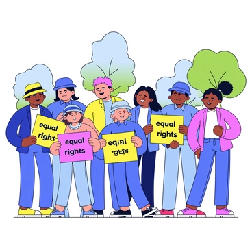 A group of diverse individuals standing together at a peaceful protest. Each person is holding a colorful sign with various messages advocating for "equal rights". The signs feature bright colors like pink, yellow, blue, and green, with bold black lettering. The people are dressed in casual clothing, and some are wearing hats. They have determined expressions on their faces, conveying a sense of unity and purpose. In the background, there are trees and a clear sky, creating a vibrant atmosphere for the event.