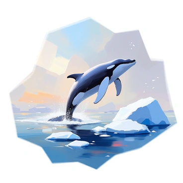 A majestic whale breaching the surface of the icy water in the Antarctic Ocean. The whale is positioned mid-air, showcasing its massive body arched gracefully with water cascading off its sleek skin. Surrounding the whale, the icy blue waters display splashes and droplets scattering in various directions. Icebergs float nearby, their crystalline structures reflecting the soft light. In the background, a distant horizon merges with a clear sky, highlighting the serene nature of the Antarctic landscape.