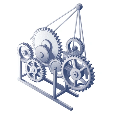 A complex system of gears and pulleys in motion, illustrating mechanical function