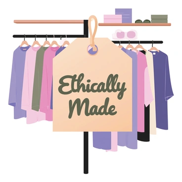 A digital flat illustration featuring a clothing tag prominently displaying the text "Ethically Made" in bold, elegant lettering. The tag is made of textured brown paper with a string attached at the top. It is positioned in the foreground of a boutique setting, surrounded by neatly arranged garments on racks. The garments include a variety of colorful shirts and dresses in pastel shades. Soft lighting enhances the overall atmosphere, while the boutique's wooden shelves in the background hold accessories and shoes.