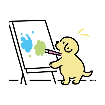 A small puppy, with fluffy golden fur and floppy ears, stands on a wooden floor. It has a bright red paintbrush held in its mouth. The canvas in front of the puppy is large and white, splattered with vibrant colors including blue, green, and yellow. The puppy has paw prints on its paws, indicating its playful nature, as it tilts its head curiously at the canvas, its tail wagging. Splotches of paint are scattered around the puppy, adding to the scene of artistic chaos.