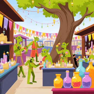 A bustling goblin market filled with vibrant stalls, each decorated with colorful banners and strings of glowing lights. Various goblins with green skin and pointy ears are busy interacting with customers, showcasing their goods. Stalls offer a variety of mysterious trinkets such as shimmering crystals, ancient scrolls, and peculiar mechanical devices. There are bright-colored potions in glass bottles, some bubbling and others swirling with magical colors, displayed prominently on the tables. The atmosphere is lively, with goblins haggling and exchanging goods. In the background, a large, gnarled tree provides shade over the market, its branches adorned with hanging charms.