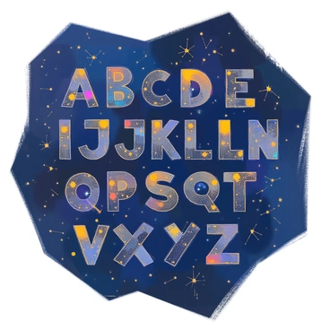 An alphabet where each letter is formed by intricate arrangements of star constellations. The letters are crafted from various celestial patterns, with dots representing stars and lines connecting them to create recognizable shapes. Each letter glows softly against a deep navy blue background, simulating a night sky filled with twinkling stars. The constellations used vary in size and complexity, with some letters showcasing well-known configurations like Orion and Ursa Major, while others feature more abstract and less familiar formations. Each letter is distinct yet maintains a cohesive celestial theme.