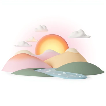 A vibrant sunrise fills the sky with shades of pink, orange, and yellow. Below, a lush landscape mimics the layers of a sherbet dessert, featuring rolling hills of pastel colors, including soft pinks, light oranges, and creamy yellows. Wispy clouds float gently through the scene, reflecting the warm hues of the sunrise. The terrain is dotted with patches of green grass, adding contrast to the colorful hills, while a small river winds through the landscape, glistening in the morning light.