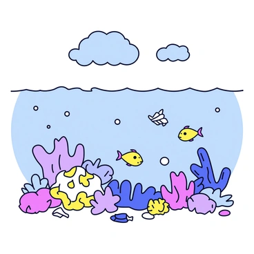 An underwater scene depicting a coral reef affected by pollution. The coral displays dull colors with some areas showing signs of bleaching. Nearby, a few fish swim with visible signs of stress, such as erratic movements. Floating debris and plastic waste are scattered throughout the water, affecting the environment. Above the reef, a cloudy layer represents polluted water, contrasting with the vibrant colors of healthier coral in the distance.
