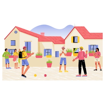 A traveler with a backpack and a sun hat is playing petanque in a cobblestone square of a picturesque village. The scene features several locals, dressed in casual summer clothing, gathered around, watching and clapping. Colorful flower pots line the stone walls of the nearby houses, creating a vibrant atmosphere. In the background, there are charming, rustic buildings with tiled roofs and a clear blue sky above. The traveler is in the act of tossing a metal ball, while one local stands ready to take his turn.