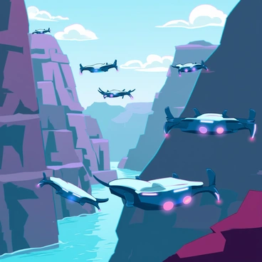 A group of sleek, high-tech drones with illuminated body designs is racing through a steep mountain pass. The drones have varying shapes, some with elongated bodies and others with compact designs, each equipped with propellers that spin rapidly. The mountainous terrain is rugged, with jagged cliffs and rocky outcrops that create a challenging obstacle course. Below, a winding river flows through the valley, reflecting the bright sunlight. The sky is clear with a few scattered clouds, providing a dramatic backdrop for the high-speed competition. Each drone displays colored lights that flash as they maneuver skillfully around the sharp turns and steep drops of the course.
