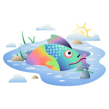A colorful rainbow fish with vibrant scales is peeking out from a tide pool. The fish has shimmering blue, green, and purple hues, reflecting sunlight. Surrounding the fish are various small rocks and smooth pebbles scattered throughout the clear water. Seaweed and tiny shells are also visible in the pool. The tide pool is outlined by the wet sand, glistening under the sun, while small waves can be seen in the distance. The scene captures the tranquility of low tide, with gentle ripples in the water.