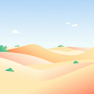 An expansive view of sandy dunes stretches across the foreground, with soft, rolling mounds of golden sand. In the background, a clear blue sky fills the upper portion of the image, with a few wispy white clouds scattered across it. The sunlight casts gentle shadows on the dunes, highlighting their curves and texture. Sparse patches of green vegetation can be seen at the base of some dunes, adding contrast to the sandy landscape. The scene conveys the vastness of the southern desert, with the dunes appearing to stretch endlessly toward the horizon.