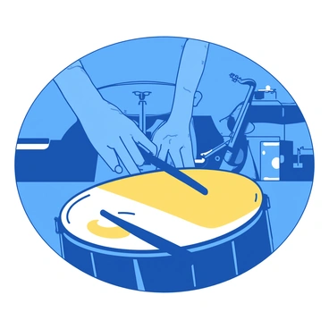 A blue background features a close-up of two hands drumming rhythmically on a yellow percussion instrument. The fingers are poised in mid-motion, striking the surface of the instrument with precision. Around the percussion instrument, there are hints of other band members blurred in the background, with instruments like a guitar and a saxophone partially visible. The scene captures the energy and focus of the performance.