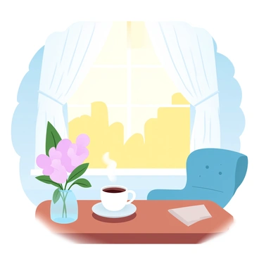 A sunlit room filled with warm, golden light streaming through a large window. The sunlight casts soft shadows on a wooden table. On the table, there is a steaming cup of coffee placed beside a small vase with fresh flowers. The walls are painted in soft pastel colors, and there is a comfortable chair positioned near the window. The scene conveys a sense of calm, inviting warmth from the morning sun.