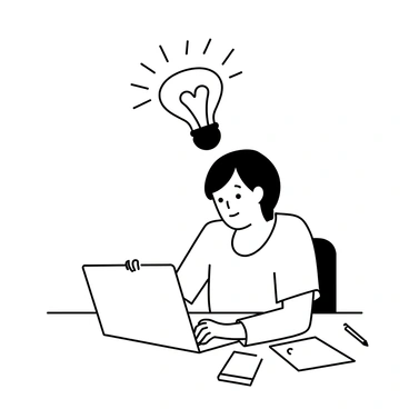 A person sitting at a desk, focused intently on a laptop in front of them. The individual has short hair and is wearing a casual shirt. Above their head is a large, stylized light bulb, representing the concept of ideas and inspiration. Surrounding the scene are scattered notes and a pen, indicating a creative workspace. The setting suggests a moment of deep thinking and productivity.