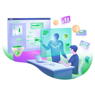 A modern pastel illustration depicting a futuristic office environment. In the center, there is a digital broker hologram projected in vibrant blue and green hues, displaying various financial charts and graphs. The hologram is interacting with a client, who is seated at a sleek, glass desk, looking engaged and focused. Surrounding them are floating icons of stock market trends, currencies, and investment portfolios, all emanating a soft glow. The background features large screens displaying dynamic financial data, contributing to the high-tech atmosphere.