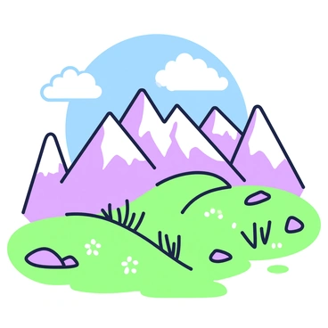 A landscape featuring snow-capped mountains towering majestically in the background. The peaks are sharply defined, reflecting sunlight and showcasing their rugged textures. In the sky above, there are a few fluffy clouds scattered, providing contrast to the blue expanse. The foreground includes a grassy meadow that leads towards the mountains, dotted with small rocks and patches of wildflowers. A sense of depth is created by the varying layers of the landscape.