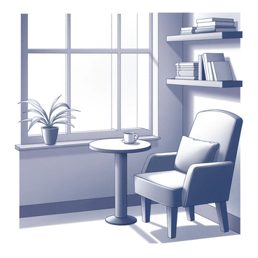 A cozy corner of a cafe with a small table and a comfortable armchair by the window