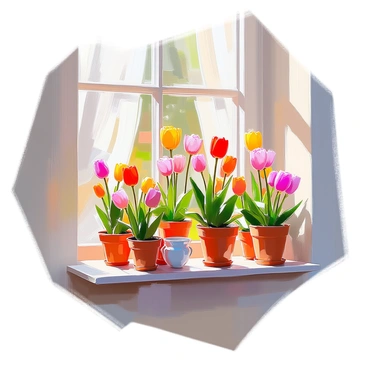 A quaint window sill adorned with several pots of vibrant tulips, each displaying unique and rare colors. The tulips are basking in soft sunlight, casting delicate shadows on the surface beneath them. The pots are varying in size and design, some made of terracotta and others ceramic, adding a charming character to the arrangement. The window itself is framed by light, flowing curtains that gently sway with a soft breeze, allowing a glimpse of greenery from the outside.