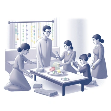 A family gathered in a spacious room, bustling with activity as they prepare for the "Upanayanam" ceremony. Several individuals are engaged in various tasks: one person is arranging traditional attire neatly on a table, while another is folding ceremonial cloths. A child is playfully interacting with a decorated plate of offerings, while an elderly family member supervises and shares wisdom, their expression filled with joy. The background includes decorative elements such as colorful garlands and illuminated lamps, enhancing the festive atmosphere. The room is filled with a sense of excitement and anticipation, as preparations continue for the important occasion.