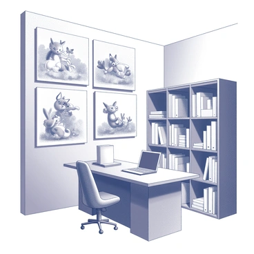 An office environment with various children's book illustrations displayed on the walls. Each illustration features whimsical characters depicted in playful poses, appearing as if they are leaping off the pages. The characters include animals and fantastical creatures, filled with detailed features and expressive expressions. Some illustrations show scenes of adventure, while others depict joyful interactions between the characters. The office is furnished with a desk and bookshelves lined with additional books, creating a vibrant and creative atmosphere.