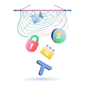 A large, colorful net is depicted in the center of the image, with the mesh prominently showing its intricate weave. Falling from above are various personal data icons, including a blue envelope symbolizing email, a green user profile silhouette, a red lock representing security, and a yellow calendar icon. Each icon cascades downwards towards the net, appearing vibrant and detailed. The net is positioned to catch these icons, while below it, a subtle shadow suggests the ground, emphasizing the act of capturing the data. The background is a soft gradient that enhances the focus on the net and the falling icons.