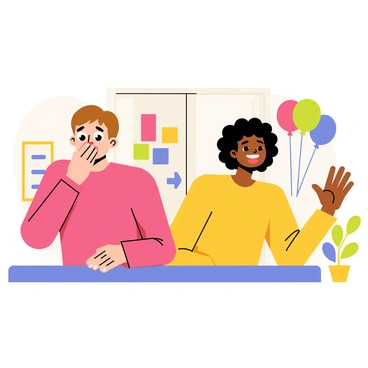A person with short brown hair is covering their mouth with one hand after sneezing. Their eyes are wide, expressing surprise. Nearby, a friend with curly black hair is laughing, holding up a hand as if to ward off bad luck. The setting is a bright, colorful room with a few playful decorations like posters and balloons in the background. The expressions on both faces convey a light-hearted moment between friends.