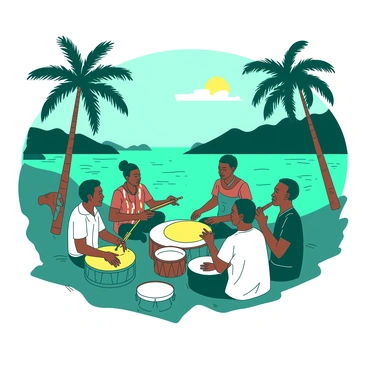 A teal group of musicians is gathered by the banks of the Congo River, showcasing a variety of traditional instruments such as a yellow kora, a yellow drum, and a teal flute. They are dressed in vibrant attire, with some wearing patterned shirts and others adorned with colorful beads. The musicians are positioned in a semi-circle, absorbed in their performance, while the river flows gently behind them. The scene captures the essence of their cooperative spirit, as they create music that resonates with the natural surroundings. Palm trees line the riverbank, adding to the richness of the environment, while the sun casts warm light over the scene.