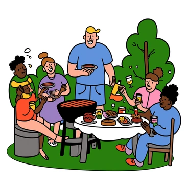 A tall man with light skin and short blonde hair is smiling and laughing while standing at a barbecue grill in a backyard. He is wearing a casual blue t-shirt and denim shorts. Around him, several friends of diverse backgrounds are gathered, enjoying the atmosphere. One friend is holding a plate with grilled sausages, another is pouring drinks into glasses, and a third is seated at a table filled with colorful side dishes. The scene is lively, with greenery in the background and bright sunlight filtering through the trees. Everyone appears to be having a great time together.