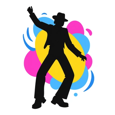 A silhouette of "Michael Jackson" striking a dramatic dance pose, with one arm extended and legs in a dynamic stance. The background features a vibrant array of colors, including bright pinks, blues, and yellows, creating a lively atmosphere. The silhouette is sharply defined against the colorful backdrop, emphasizing the iconic shape and movement of his figure. The overall composition captures the energy and rhythm of the dance.