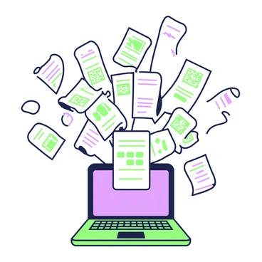 A laptop is positioned at the center of the image, with its screen open and a keyboard visible. From the screen, a flurry of digital receipts is cascading outward, creating a dynamic sense of movement. The receipts are varied in size and design, showcasing QR codes and different fonts. Some of the receipts are curling as they fly through the air, while others are fluttering downwards. The background is uncluttered to emphasize the laptop and the chaotic pile of receipts. The overall composition captures the lively action of the receipts as they escape from the laptop.