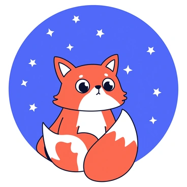 A fox head with vibrant orange fur and white markings sits, gazing upwards. Its large, expressive eyes reflect the light from the twinkling stars above. The night sky is deep blue, dotted with numerous bright stars that shimmer like diamonds. The fox’s ears are perked up, attentive to the celestial display. The background is simple, focusing solely on the fox and the vast, starry expanse above it.