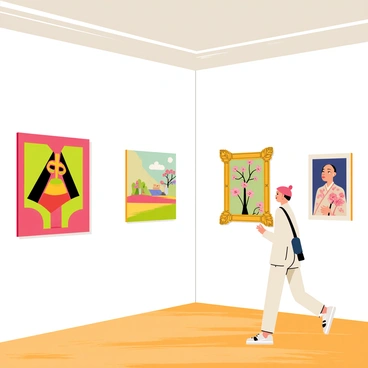 An art gallery featuring a spacious white-walled interior. Paintings from various cultures and styles are exhibited side by side. One painting is a bright, colorful African tribal art piece, while another showcases a serene Japanese landscape with cherry blossoms. A classical European portrait with ornate framing is positioned next to a modern abstract piece filled with geometric shapes. The gallery has polished wooden floors and soft lighting illuminating each artwork, creating a vibrant atmosphere for visitors to appreciate the diverse artistic expressions.