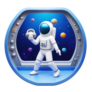 An astronaut wearing a space suit swings a kettlebell with both hands inside a spaceship. The interior of the spaceship features sleek metal surfaces and control panels. Outside the spaceship's window, various planets are visible in a starry space background. The scene captures the contrast between the astronaut's movement and the stillness of space. The kettlebell is detailed and metallic, reflecting light as the astronaut exercises.